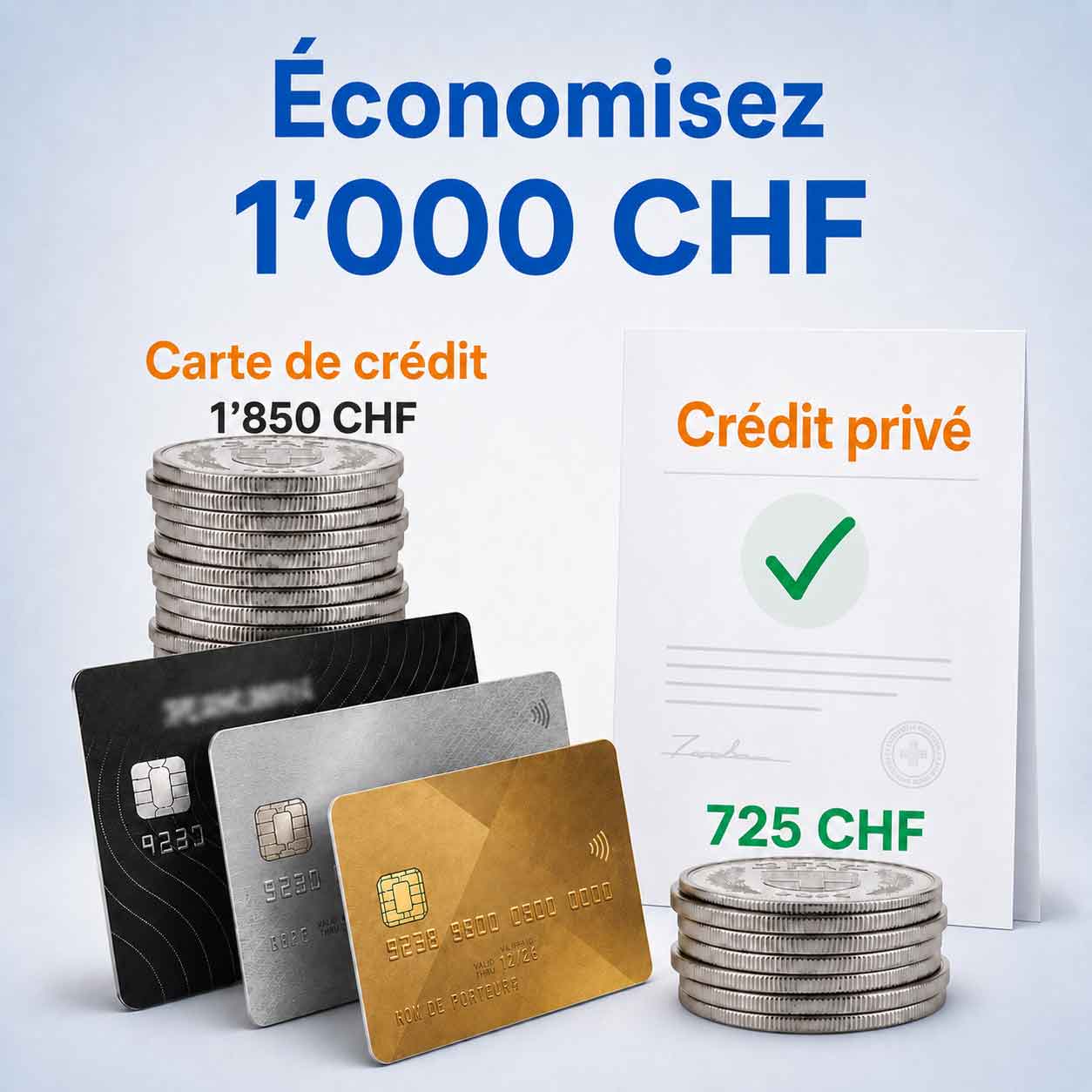 Comparaison des intérêts : 1'850 CHF avec une carte de crédit contre 725 CHF avec un crédit privé – économie de 1'000 CHF