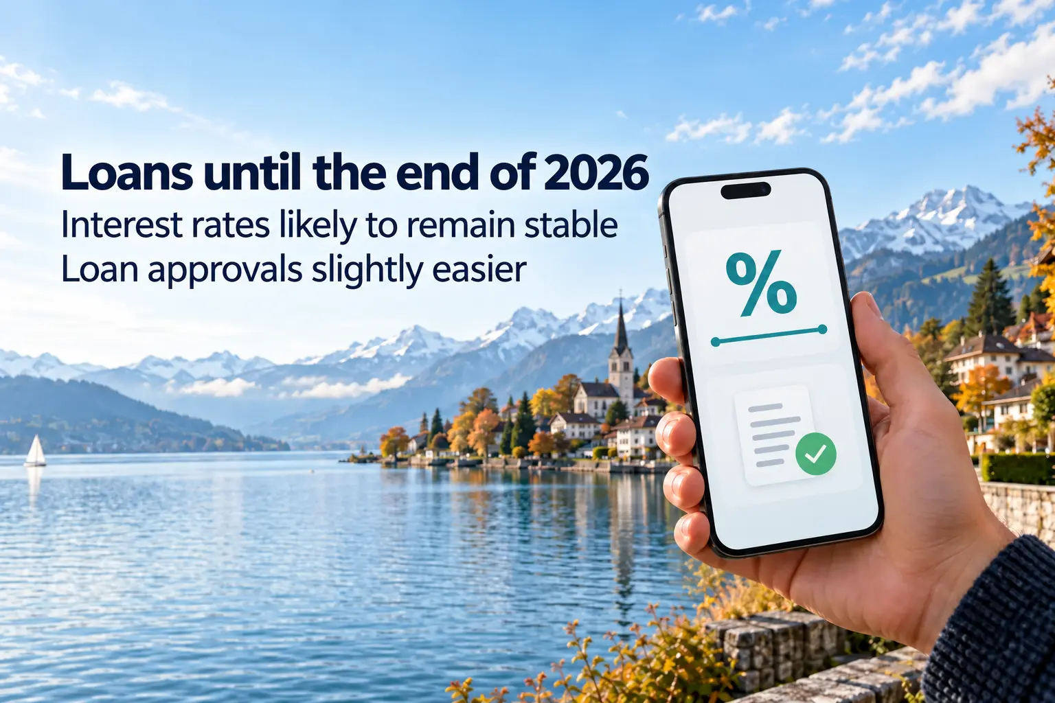 Hand holding a smartphone with a symbolic loan comparison in front of the Swiss Alps – AI-generated illustration
