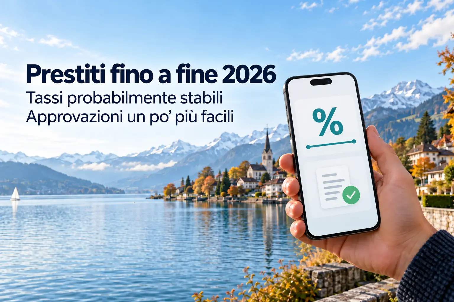 Mano con smartphone e confronto simbolico dei crediti davanti alle Alpi svizzere – illustrazione generata con l’IA