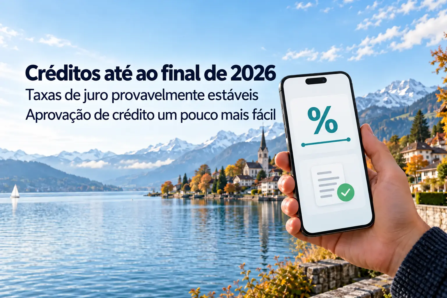 Mão com smartphone e comparação simbólica de créditos em frente aos Alpes suíços – ilustração gerada por IA