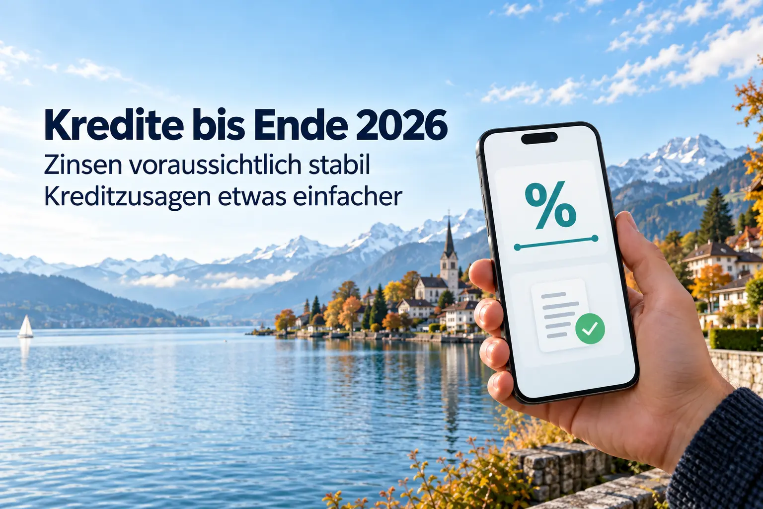 Hand mit Smartphone und symbolischem Kreditvergleich vor Schweizer Bergen – KI-generiertes Symbolbild