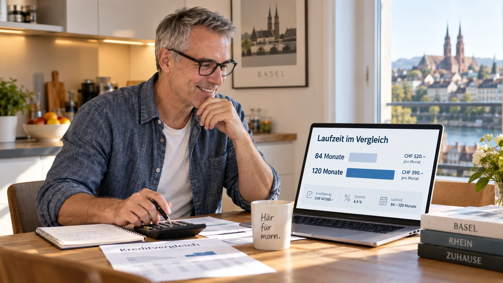 Kreditvergleich zu Hause in Basel: Mann vergleicht am Laptop Kreditlaufzeiten von 84 und 120 Monaten